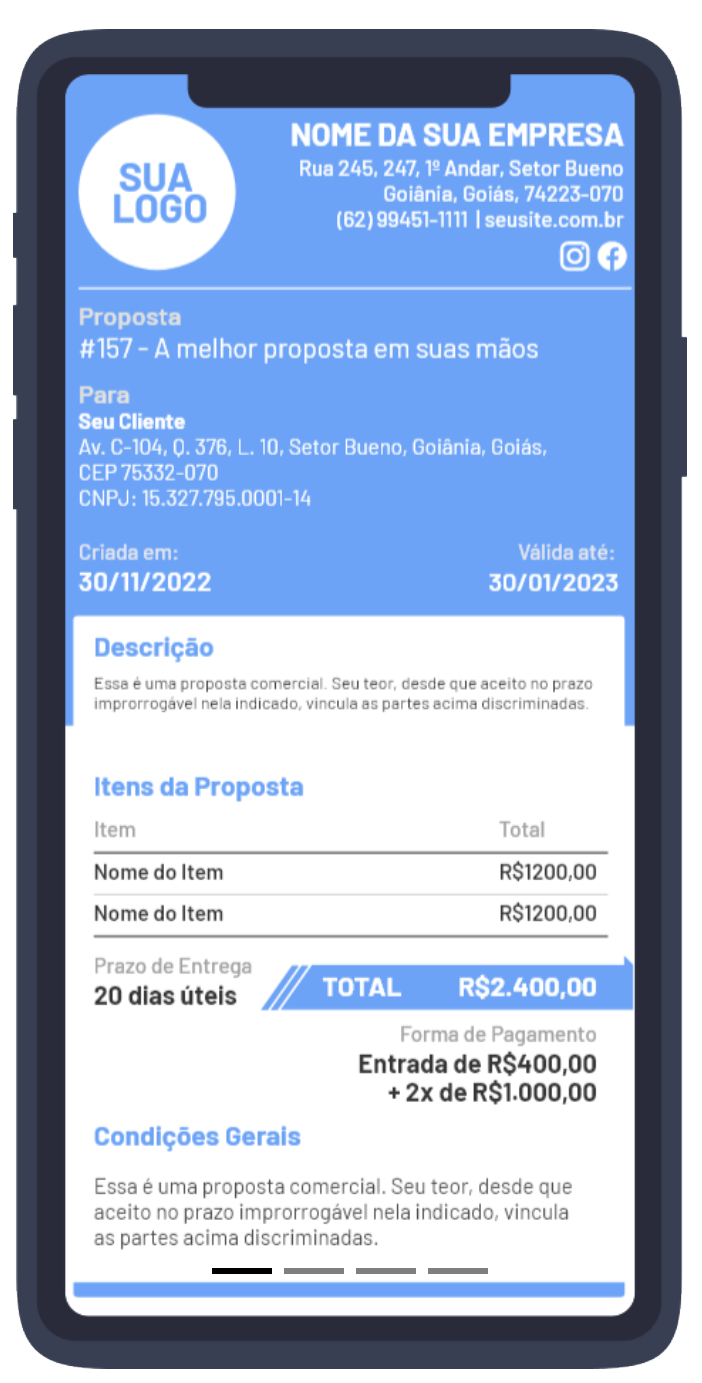 Proposta comercial da Orca App aberta no celular, com dados da empresa, itens, total e condições de pagamento