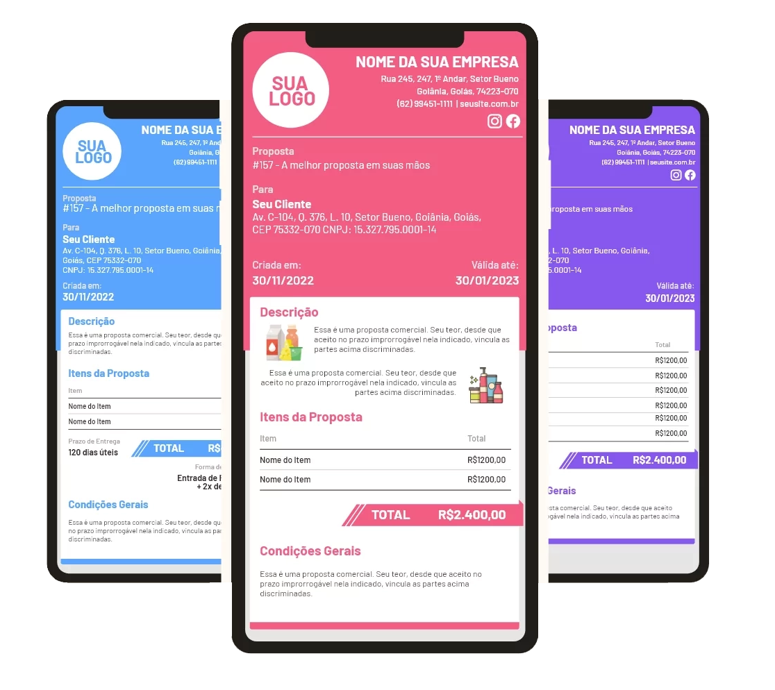 Três propostas da Orca App em celulares, personalizadas com cores diferentes